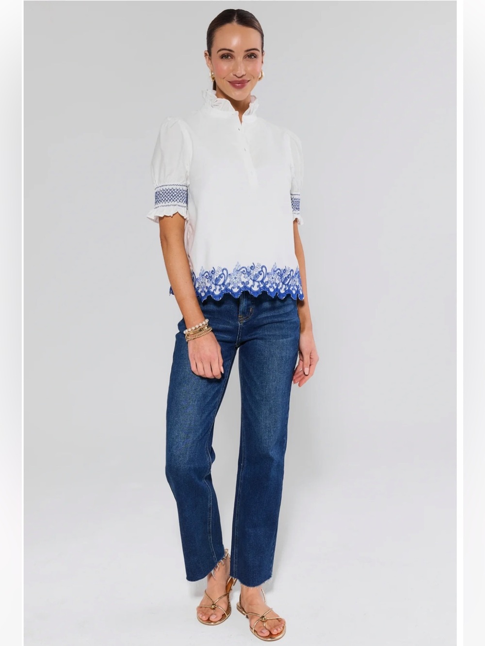 Avara | Stella White Embroidered Trim Top - Large